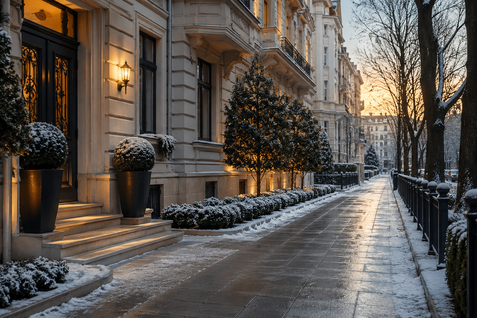 Geräumter Gehweg vor einem Wiener Wohnhaus im Winter